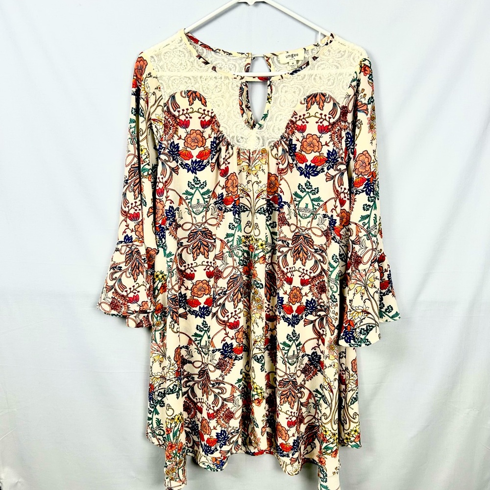 Umgee Multicolored Floral Boho Tent Dress 3/4 Bell Sleeves & Lace Neckline MED
